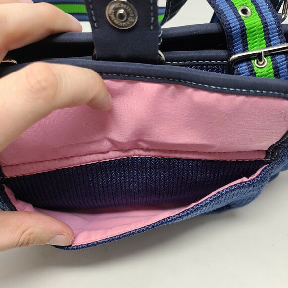 The Sak Navy Blue woven green & blue ribbon handle crochet satchel shoulder bag - Picture 7 of 12